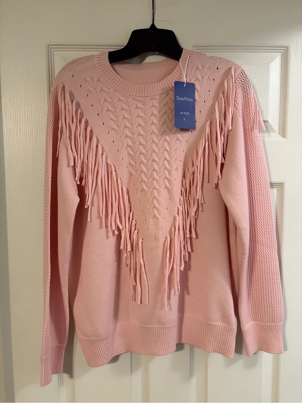 ChouYatou Women's Pink Fringe Crewneck Sweater
